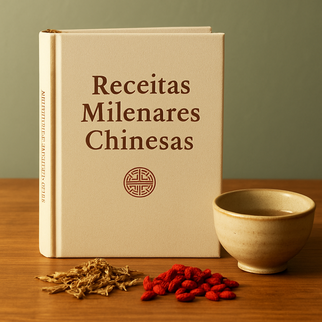 Livro Receitas Milenares Chinesas sobre uma mesa com ervas e chá
