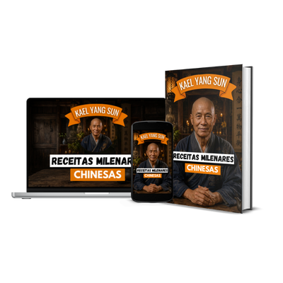 E-book Receitas Milenares Chinesas, de Kael Yang Sun, em notebook, celular e livro